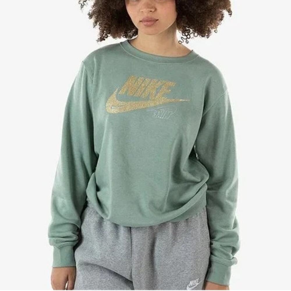 NEW Nike NSW Club Fleece Glitter Crew Jade Smoke Women's L Sweatshirt DO6202-357